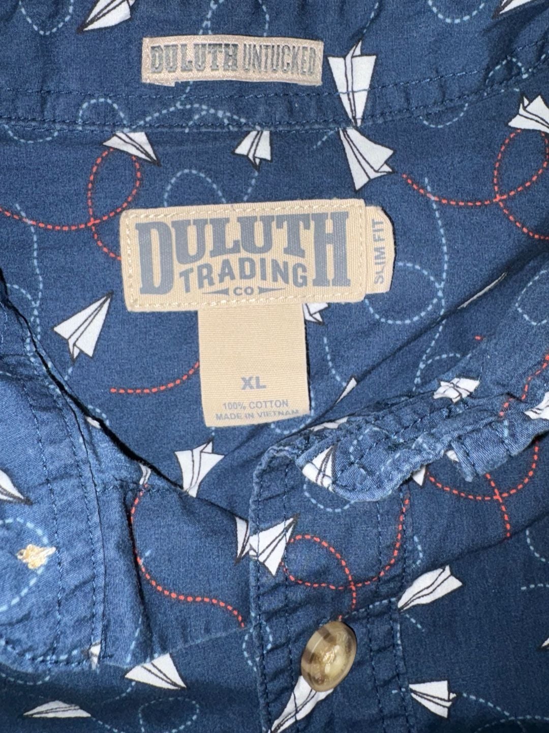 Duluth Trading Co Untucked Short Sleeve Shirt Size XL Blue Paper Airplanes 4