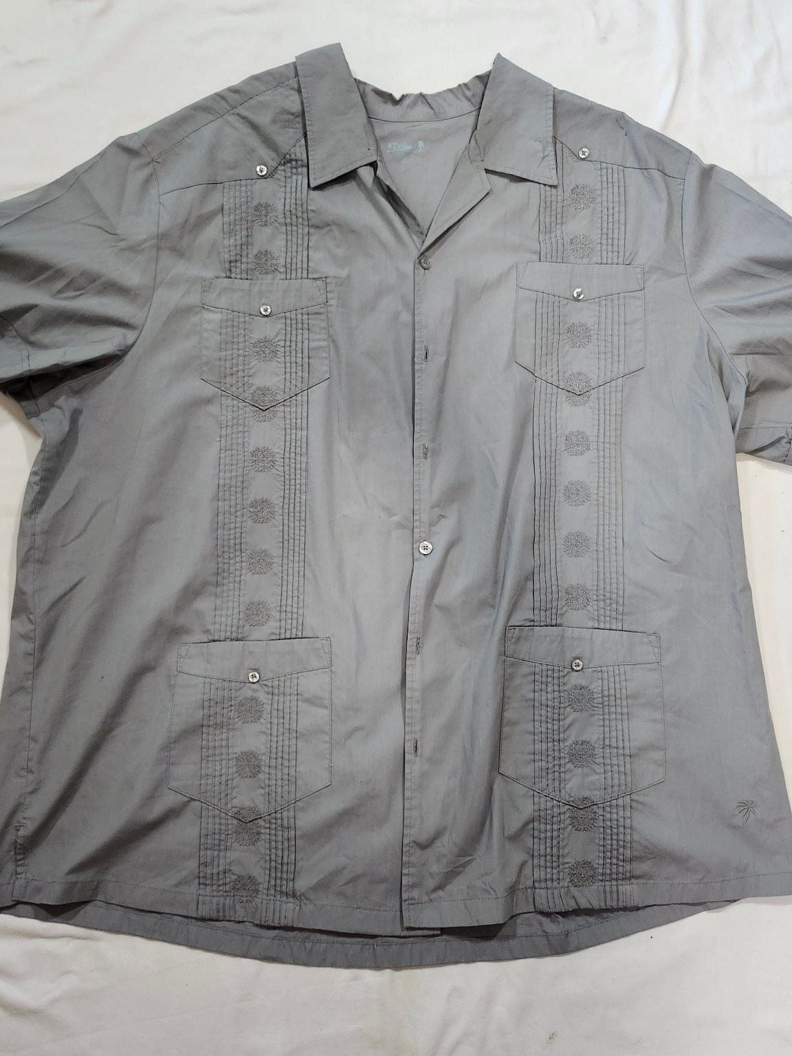 KS Island Button Down Shirt Size 3XL Gray Short Sleeve Guayabera 2