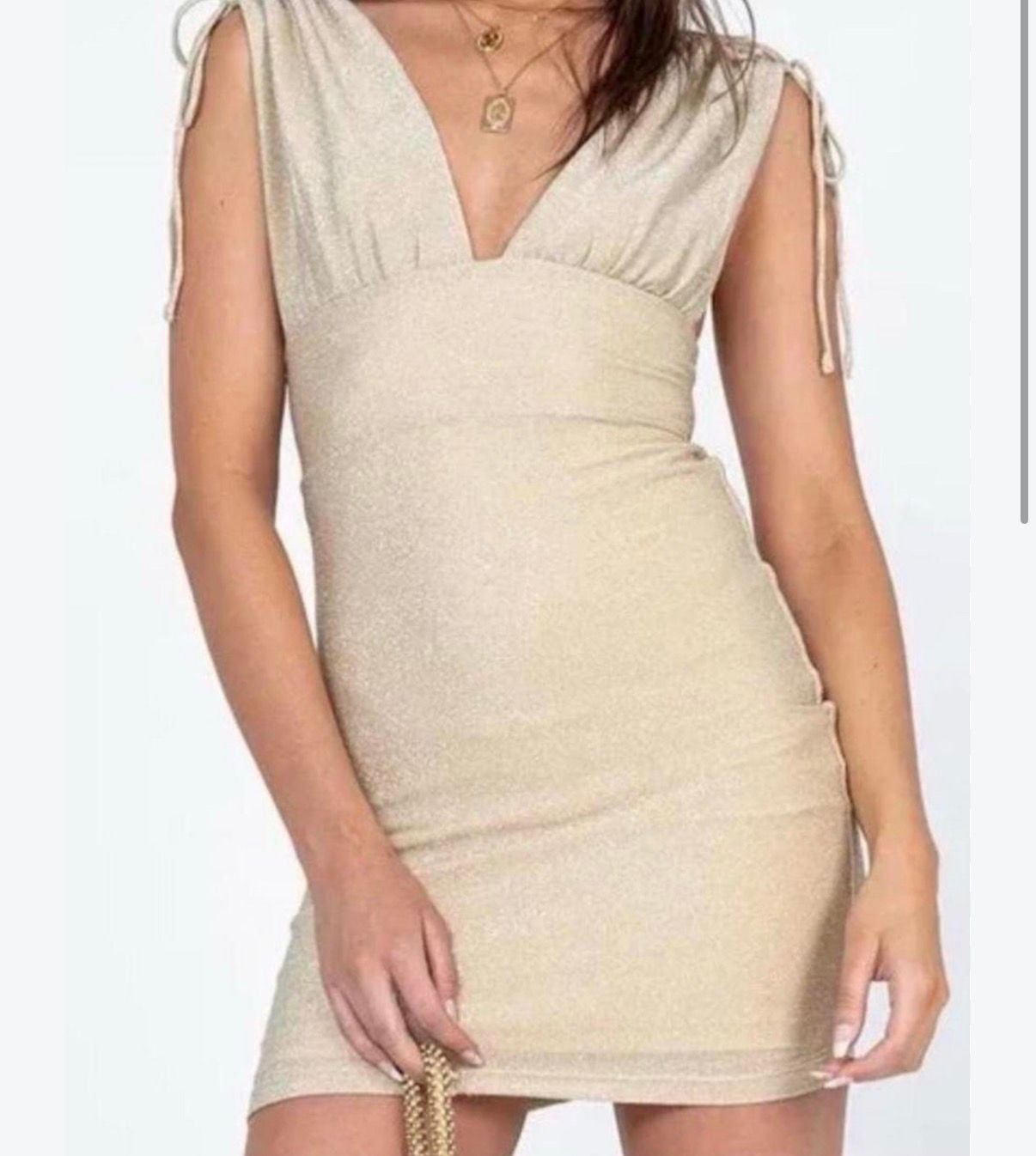 Princess Polly Mini Dress Size US 2 Gold Glitter V-Neck Tie Back 2