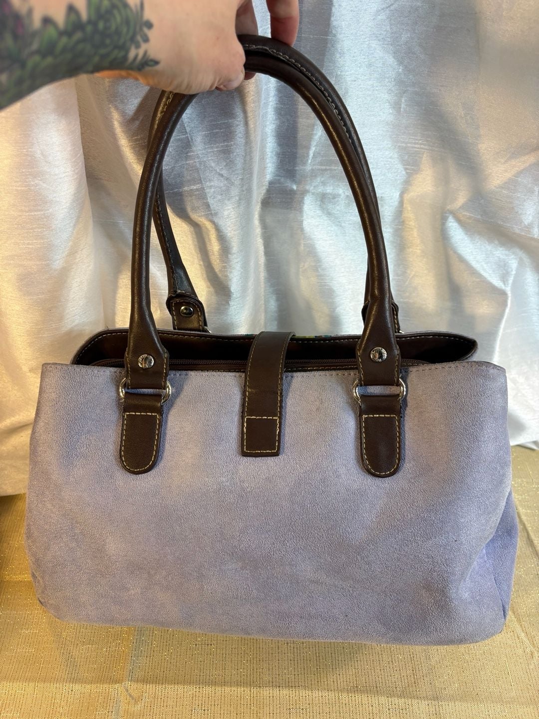 Tommy Hilfiger Purple Faux Suede Handbag Striped Webbing Strap Satchel 3