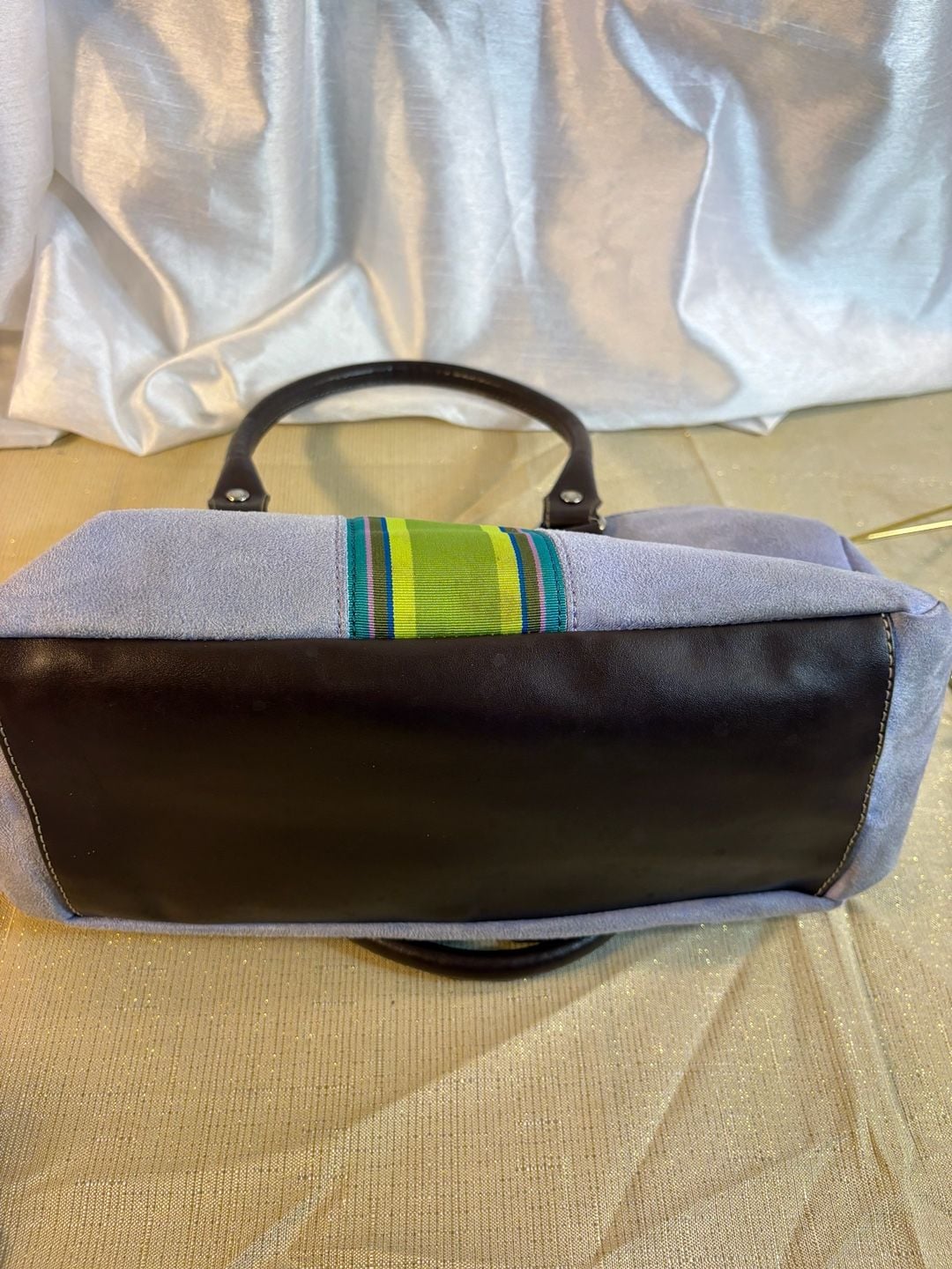 Tommy Hilfiger Purple Faux Suede Handbag Striped Webbing Strap Satchel 6