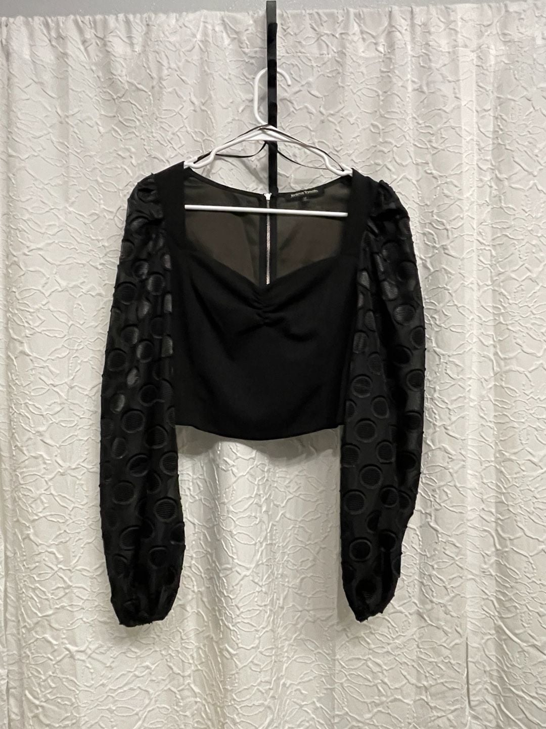 Jealous Tomato Black Sheer Textured Polka Dot Balloon Sleeve Crop Top Blouse M 2