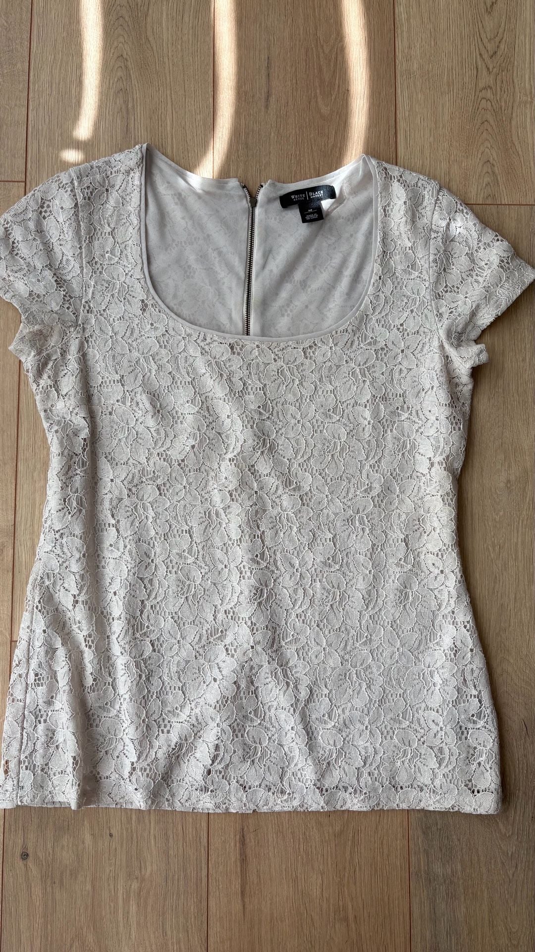 White House Black Market Lace Blouse Size M Ivory Short Sleeve Scoop 2