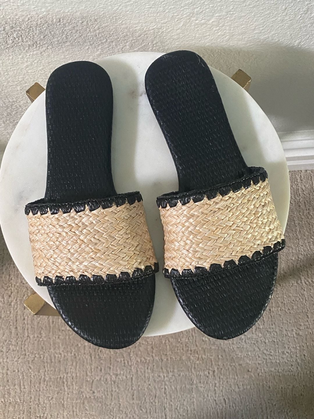 Mtzyoa Women Flat Slide Sandals Straw Raffia Black Slides 4