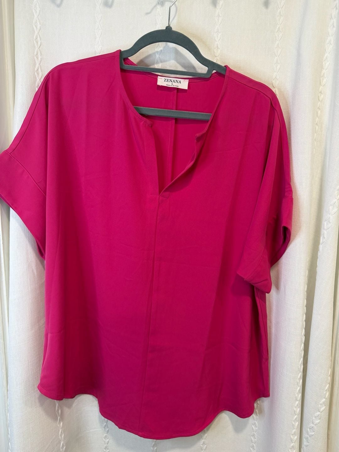 Zenana Women’s Large Hot Pink V-Neck Short Sleeve Blouse Tunic Top 2