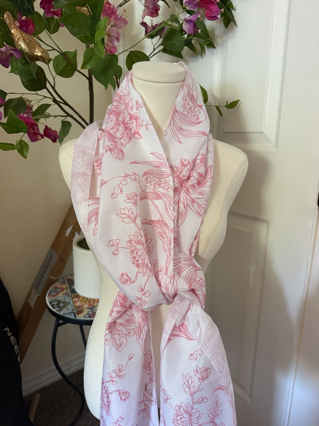 Pink Floral Toile Scarf Lightweight Long Botanical Print 1