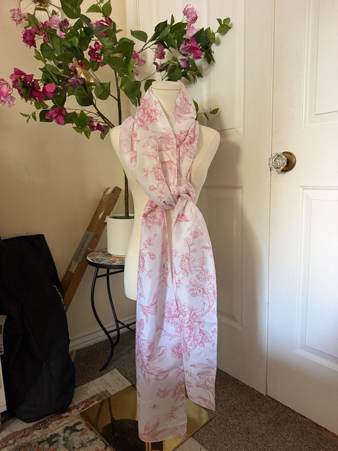Pink Floral Toile Scarf Lightweight Long Botanical Print 2