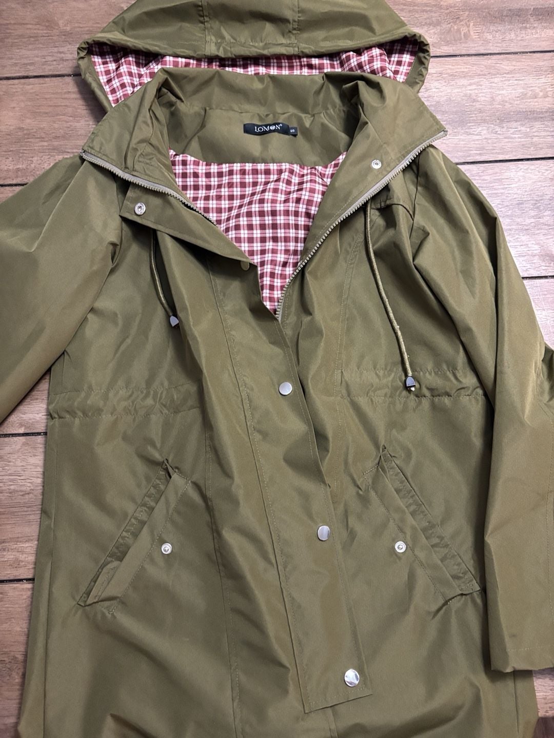 LOMON Rain Jacket Size S Green Plaid Lined Waterproof Hooded Trench 2