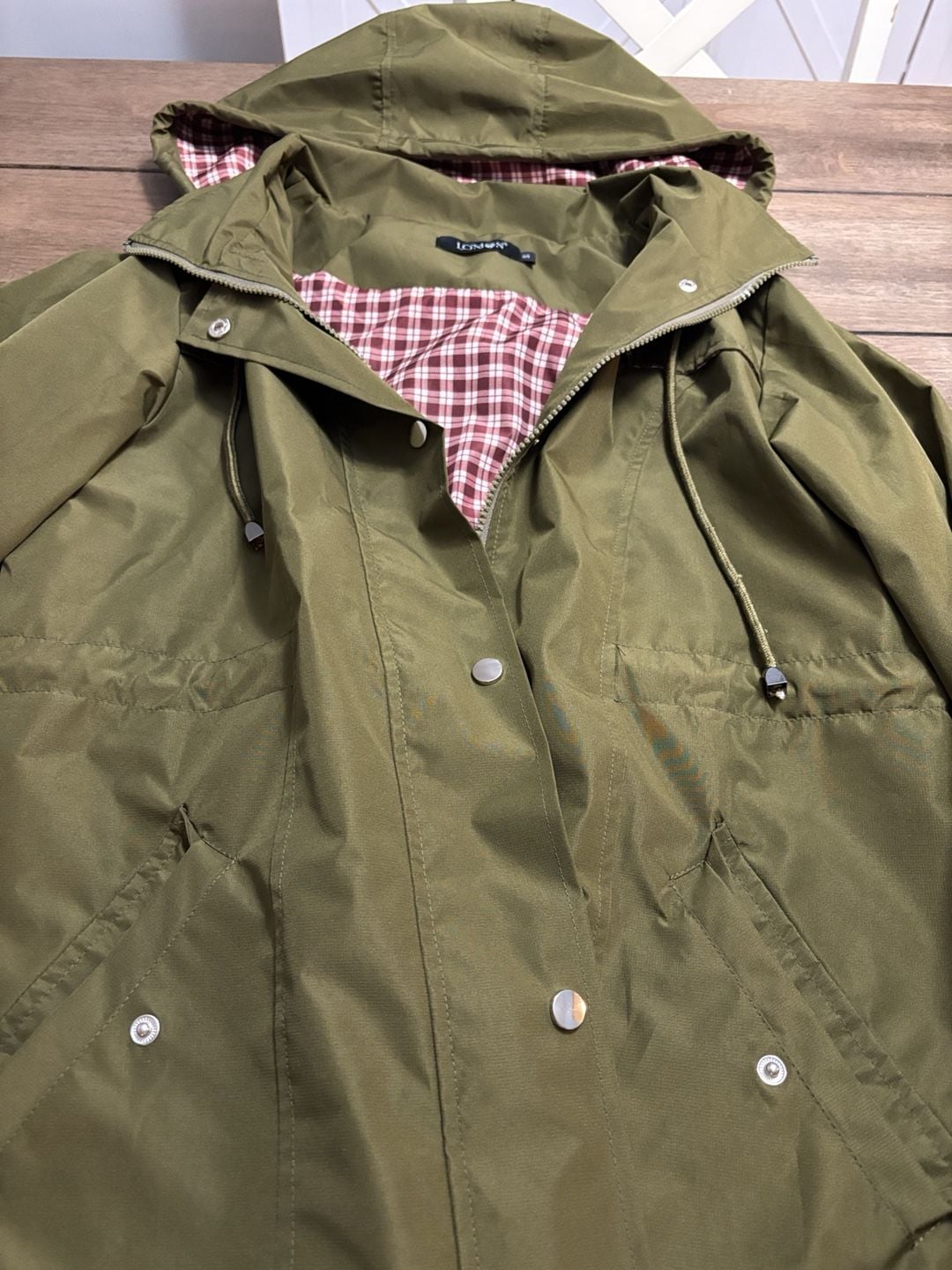 LOMON Rain Jacket Size S Green Plaid Lined Waterproof Hooded Trench 3