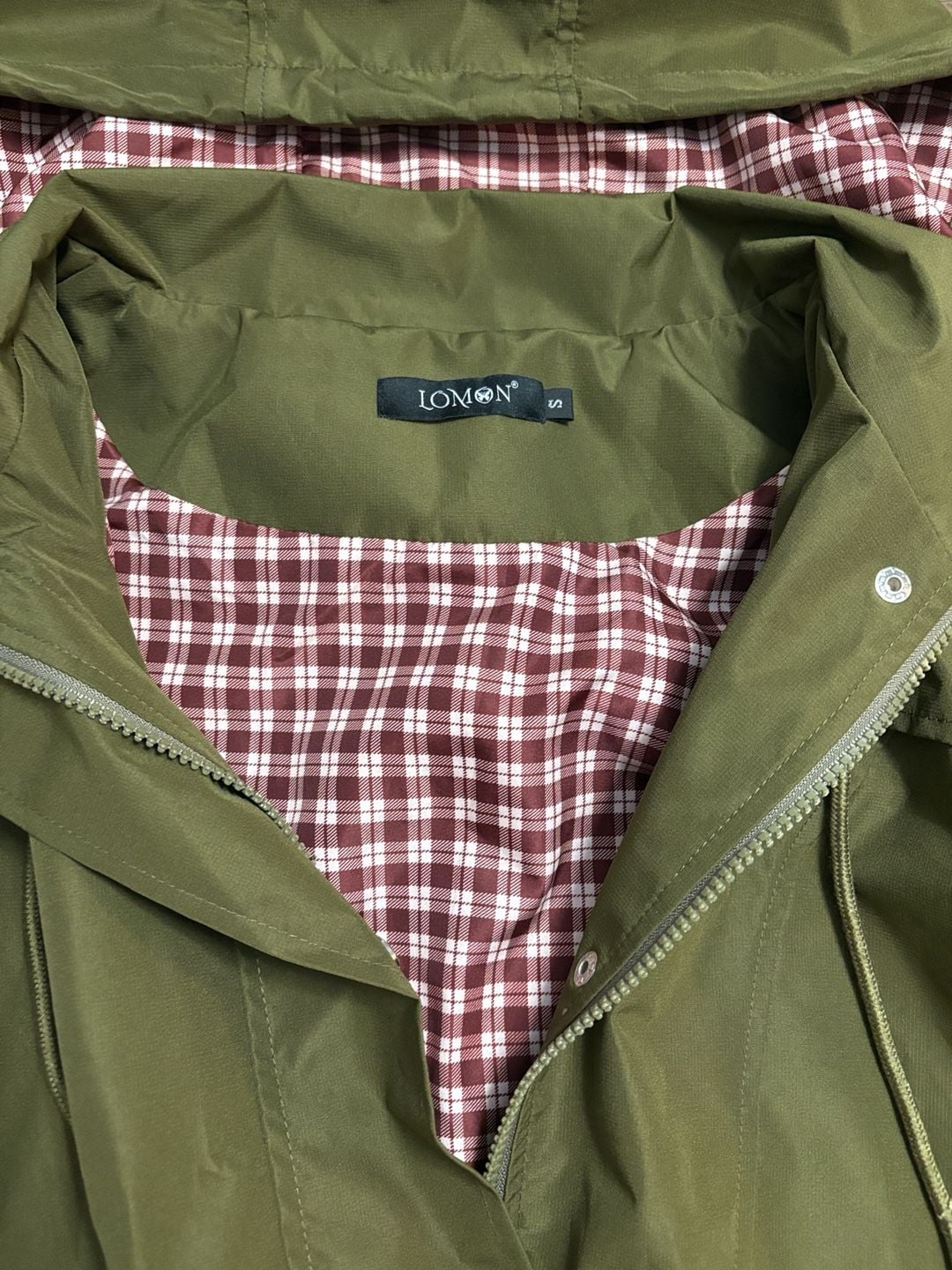 LOMON Rain Jacket Size S Green Plaid Lined Waterproof Hooded Trench 4