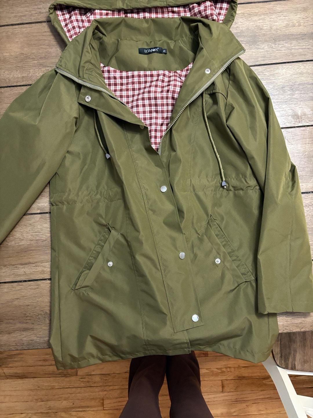 LOMON Rain Jacket Size S Green Plaid Lined Waterproof Hooded Trench 5