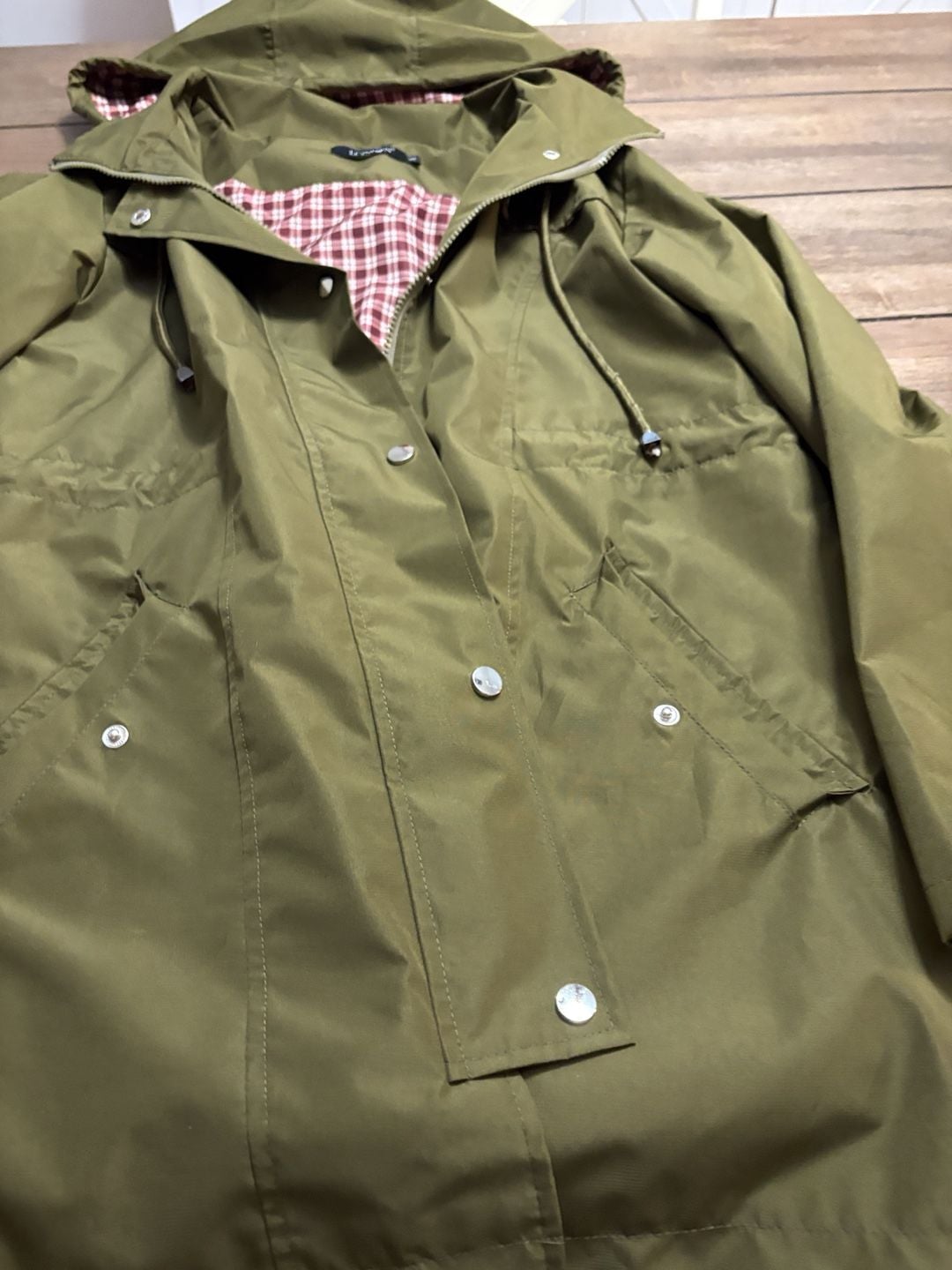 LOMON Rain Jacket Size S Green Plaid Lined Waterproof Hooded Trench 6