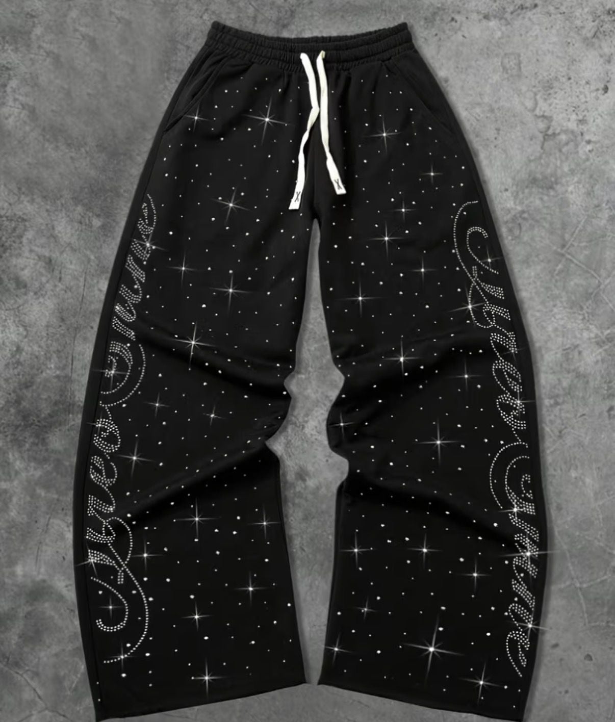 Men's Rhinestone Baggy Sweatpants Y2k Drawstring Waist Wide Leg Track Pants Streetwear With Pockets - , 2