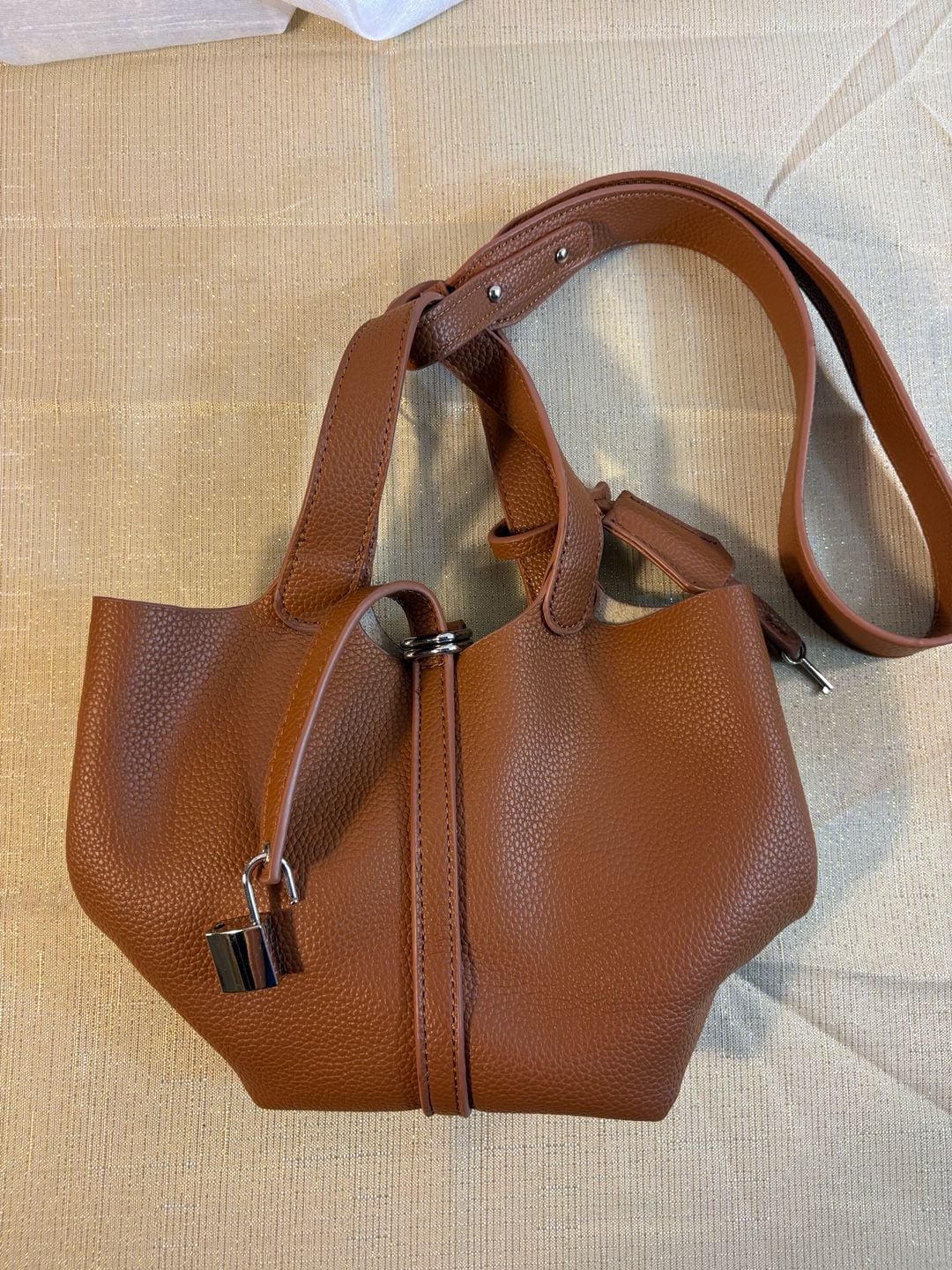 Unbranded Brown Pebbled Leather Bucket Bag Crossbody With Lock 5