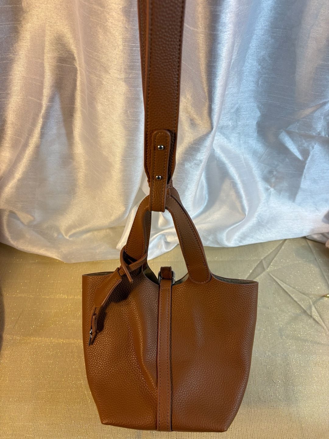Unbranded Brown Pebbled Leather Bucket Bag Crossbody With Lock 7