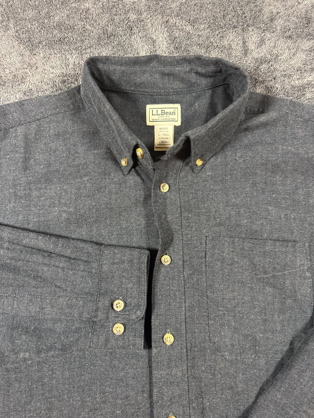 L.L. Bean Cotton Flannel Shirt Size L-Tall Gray Herringbone 2