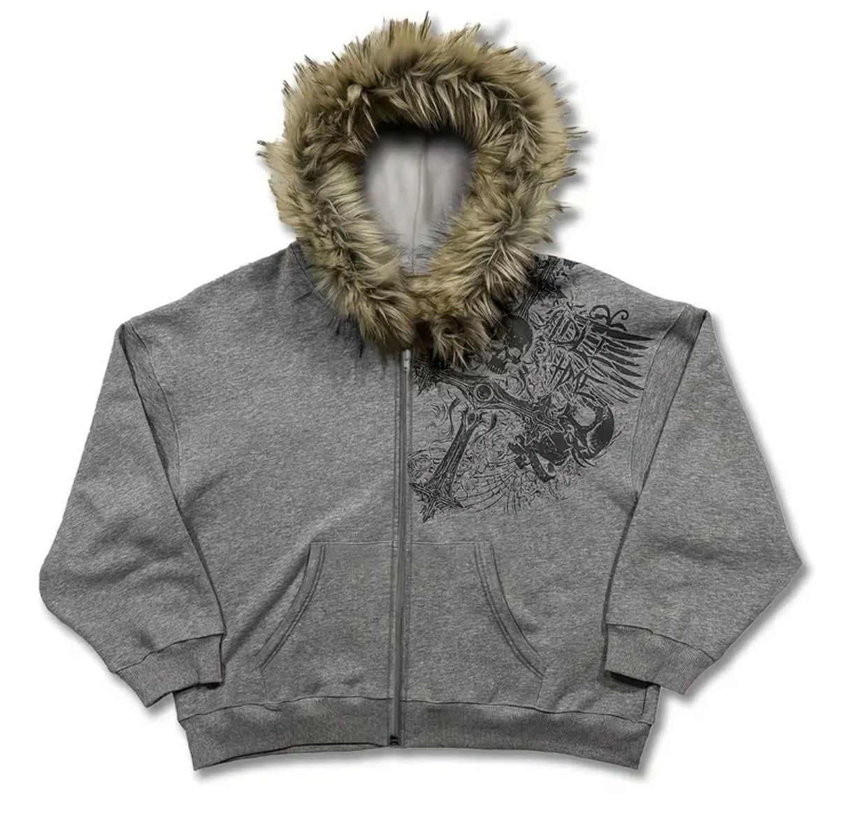 Wuxian Men Retro Streetwear Jacket Fuzzy Hoodie Soft Lined Zipper Up Funny Printed Long Sleeve Comfortable Casual Fit Cozy Stylish Daily Wear,Grey,L - .com, 2