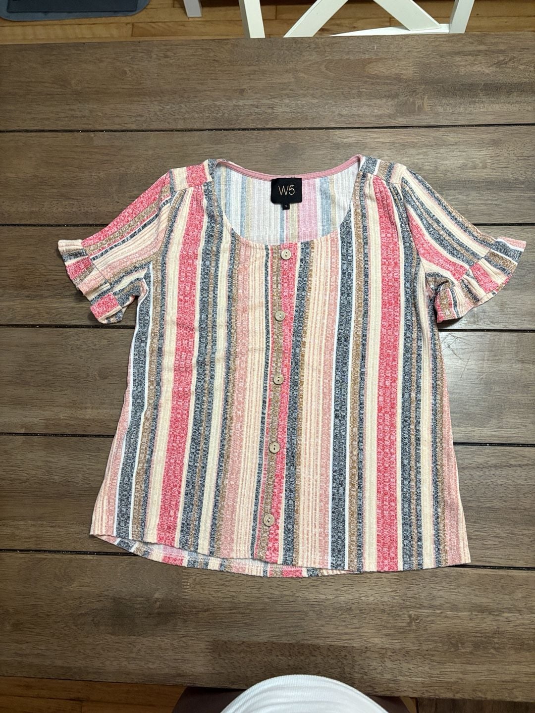 W5 Striped Blouse Size S Multicolor Button Front Ruffle Short Sleeve Top 2