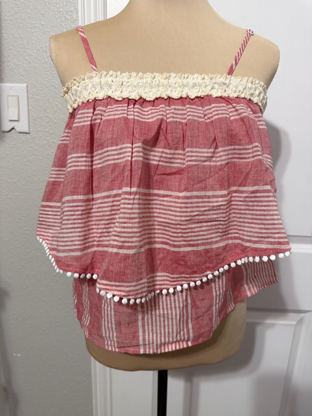 Chelsea & Violet Camisole Top Size M Red White Striped Pom Pom Overlay 2