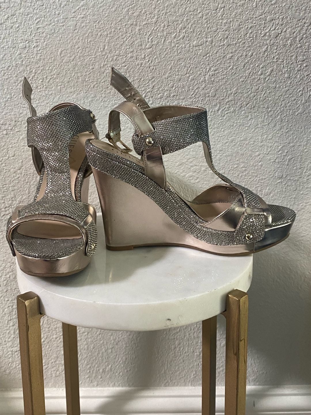 Guess Wedge Sandals Glitter Gold Platform Heels 2