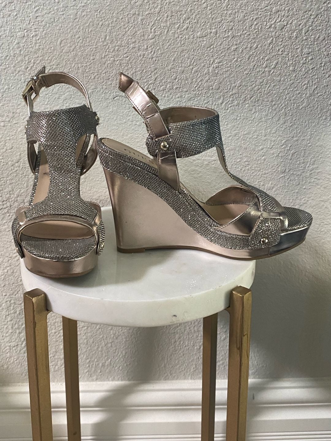 Guess Wedge Sandals Glitter Gold Platform Heels 4