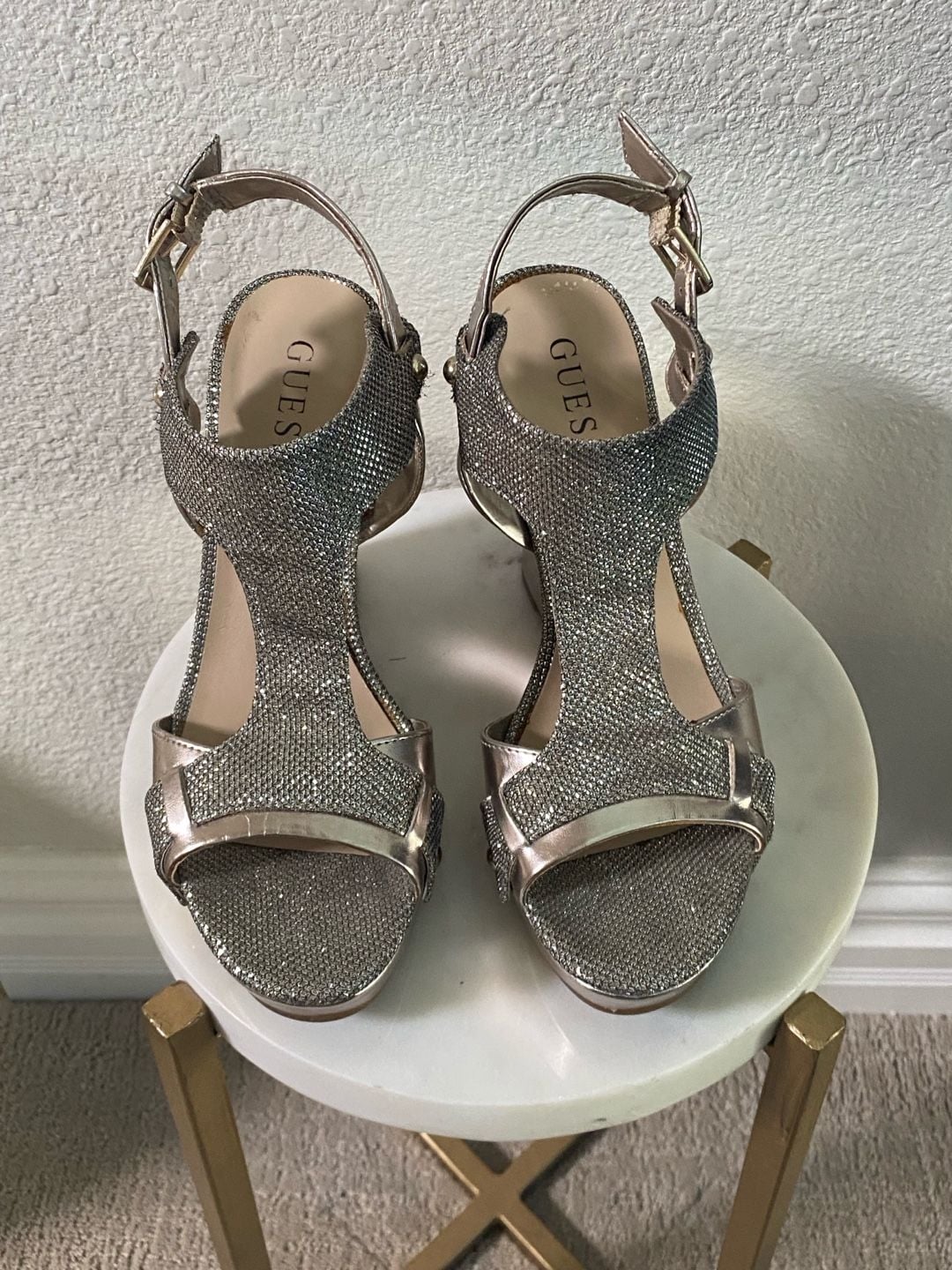 Guess Wedge Sandals Glitter Gold Platform Heels 6