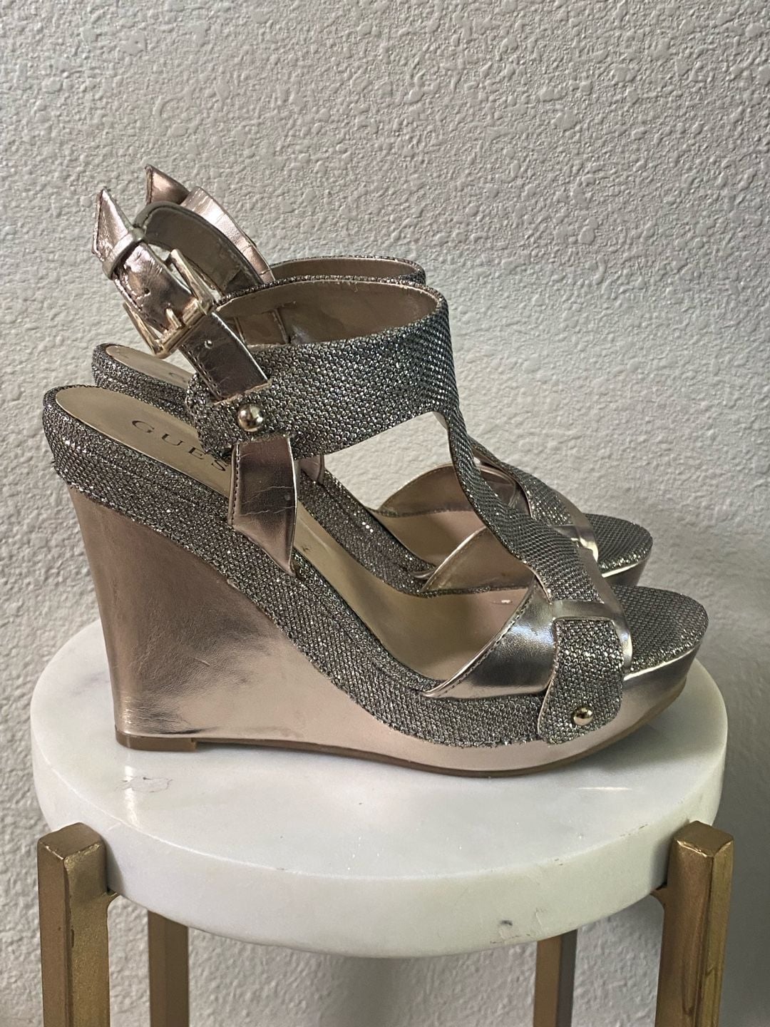 Guess Wedge Sandals Glitter Gold Platform Heels 7
