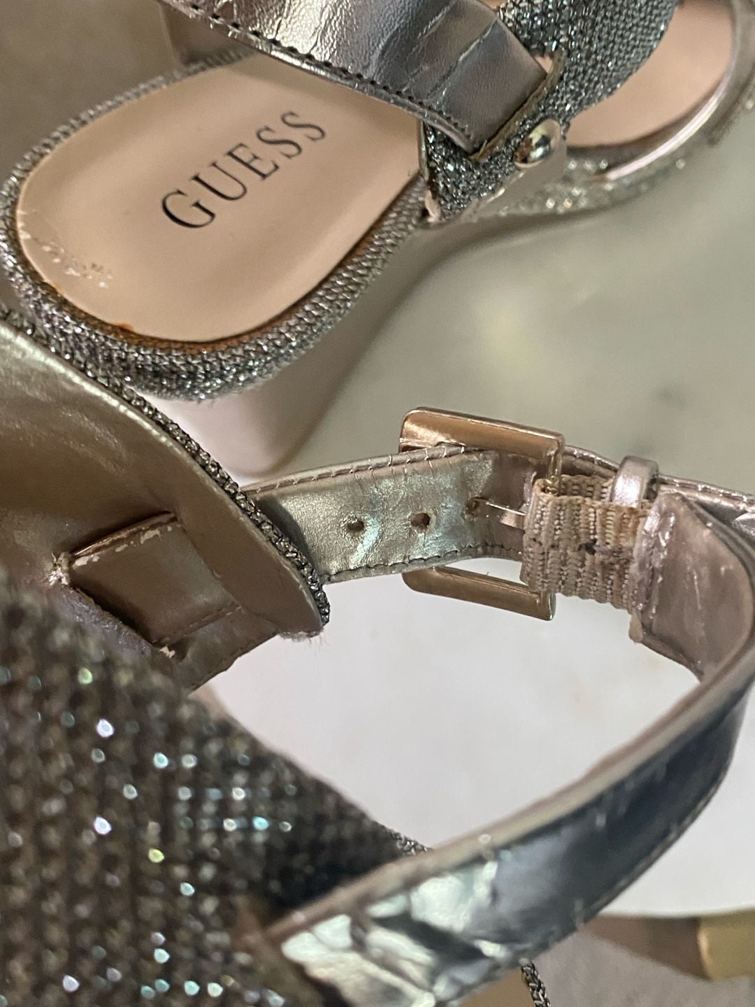 Guess Wedge Sandals Glitter Gold Platform Heels 14