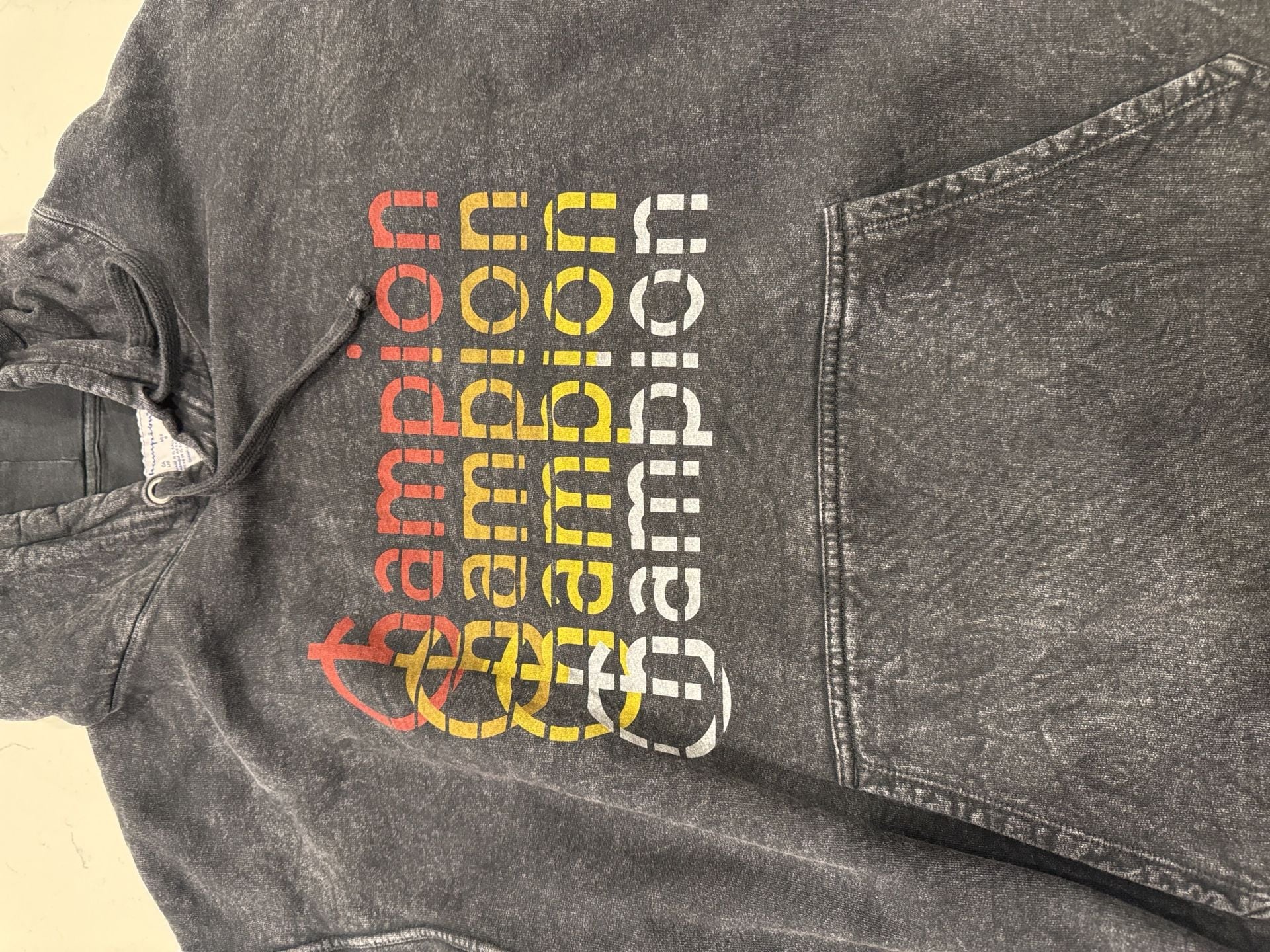 Champion Vintage Wash Graphic Hoodie Size L Black Pullover Sweatshirt 3
