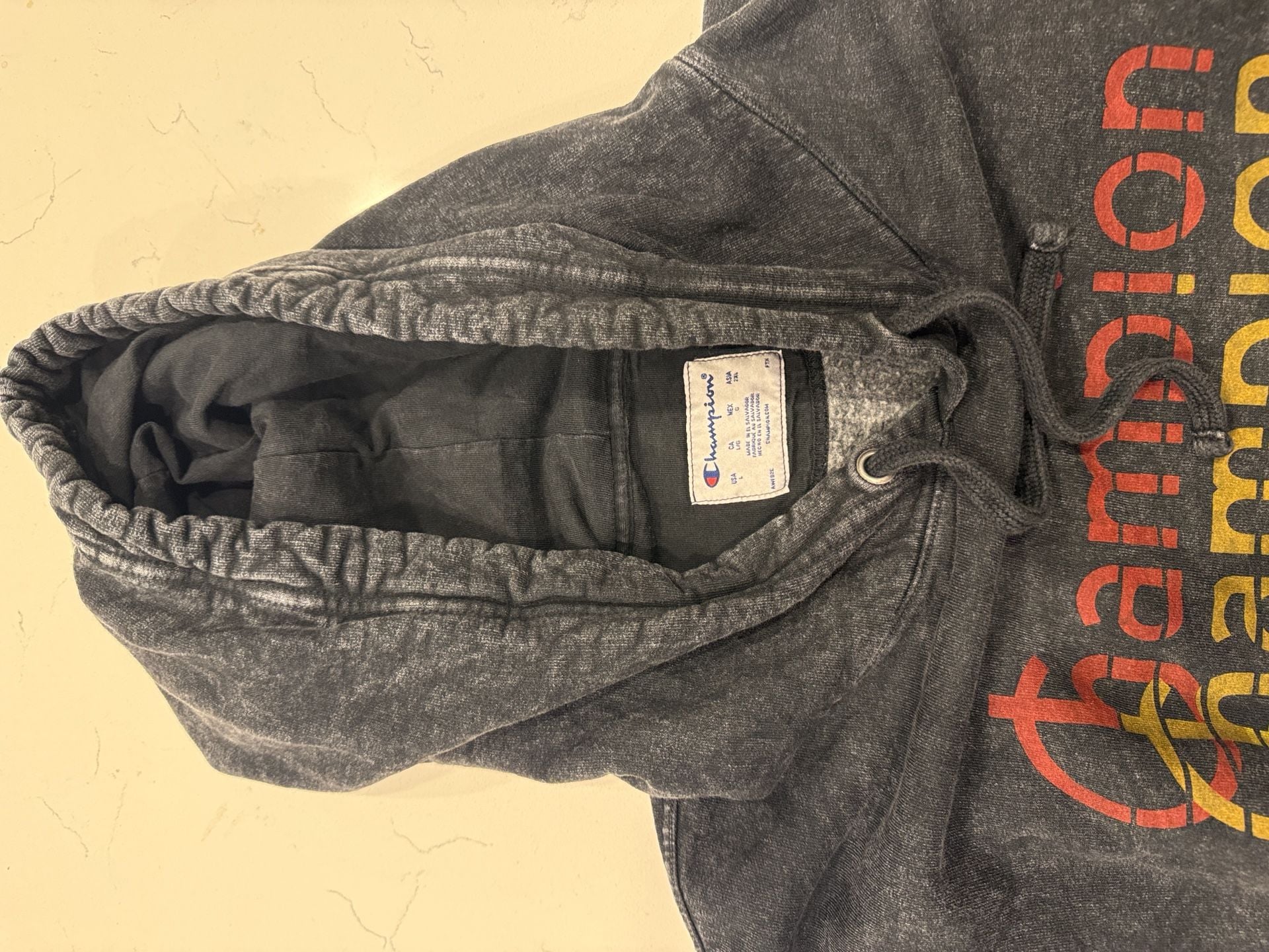 Champion Vintage Wash Graphic Hoodie Size L Black Pullover Sweatshirt 5