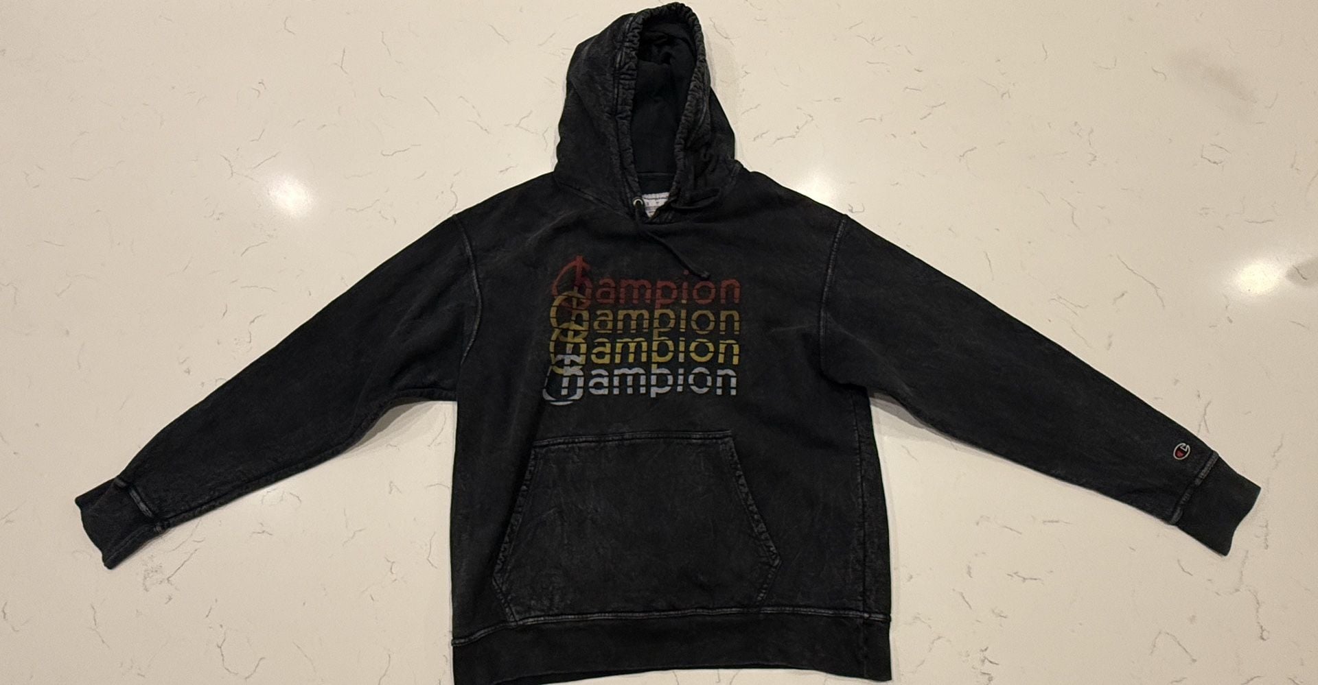 Champion Vintage Wash Graphic Hoodie Size L Black Pullover Sweatshirt 2