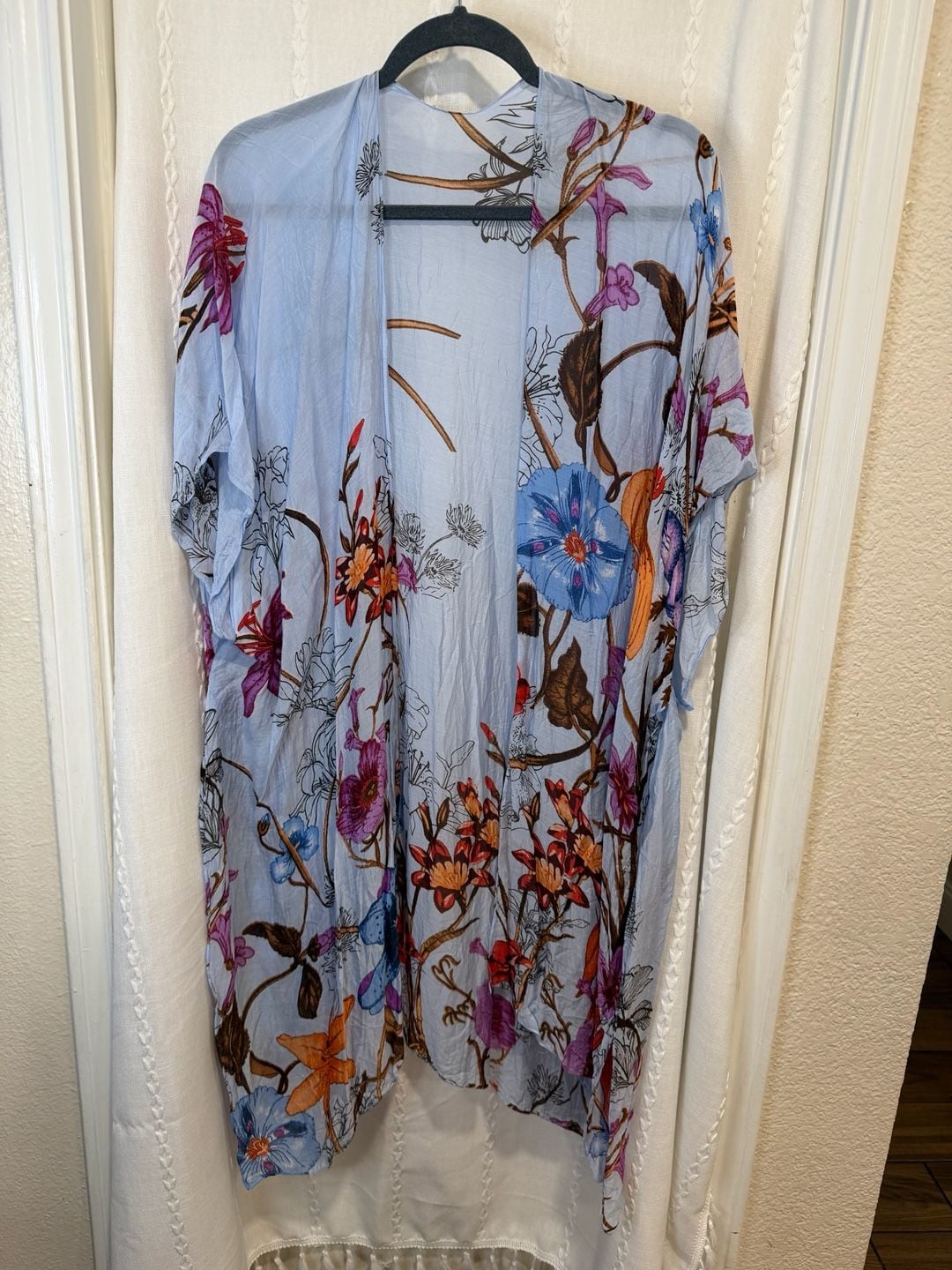 Women’s Blue Floral Kimono One Size Sheer Lightweight Boho Beach Cover Up 2