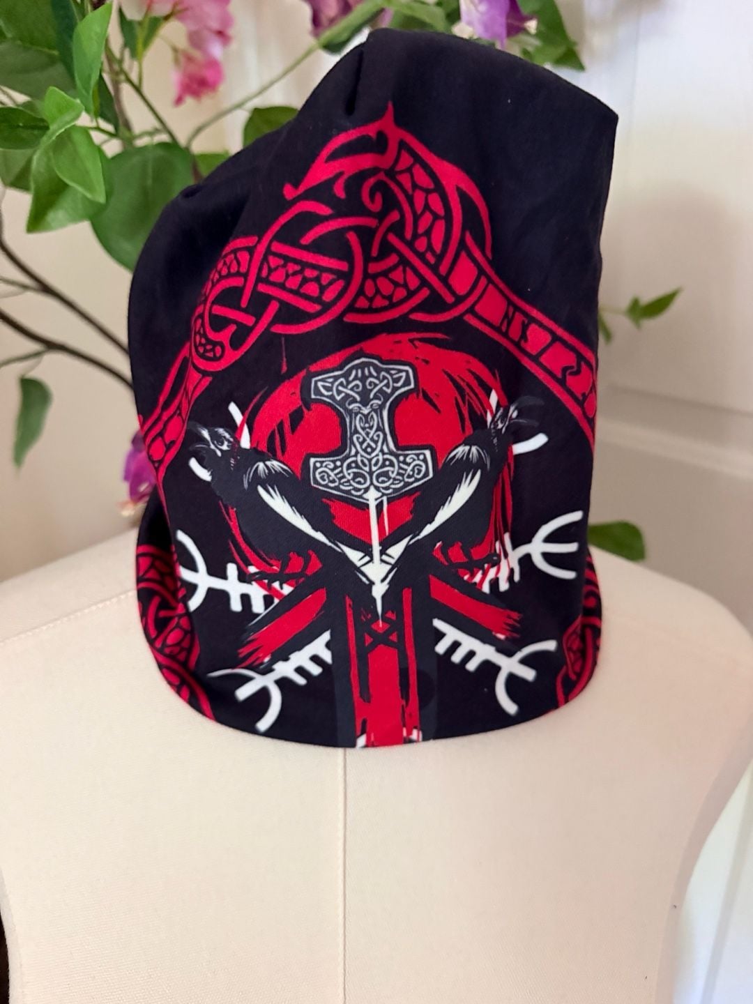 Norse Viking Thor's Hammer Raven Slouchy Beanie Black Red Graphic Hat 1