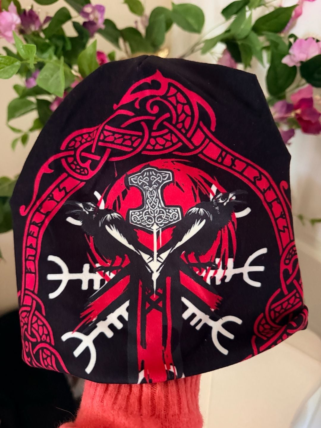 Norse Viking Thor's Hammer Raven Slouchy Beanie Black Red Graphic Hat 2