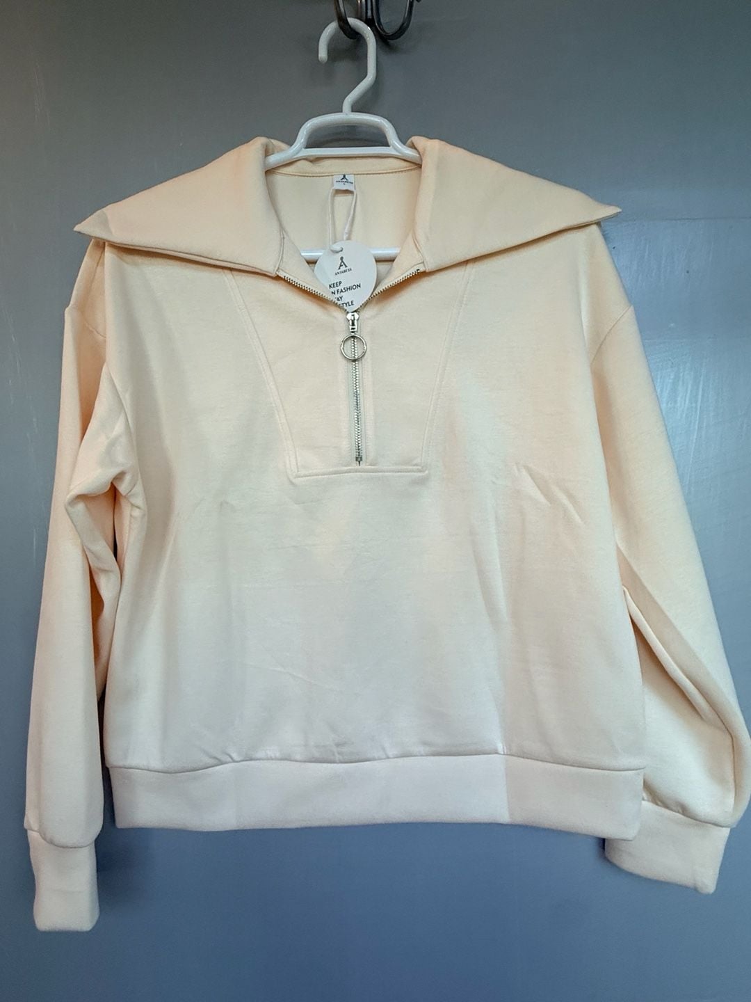 Anrabess Quarter Zip Sweatshirt Size L Ivory Oversized Lapel Collar Pullover 2