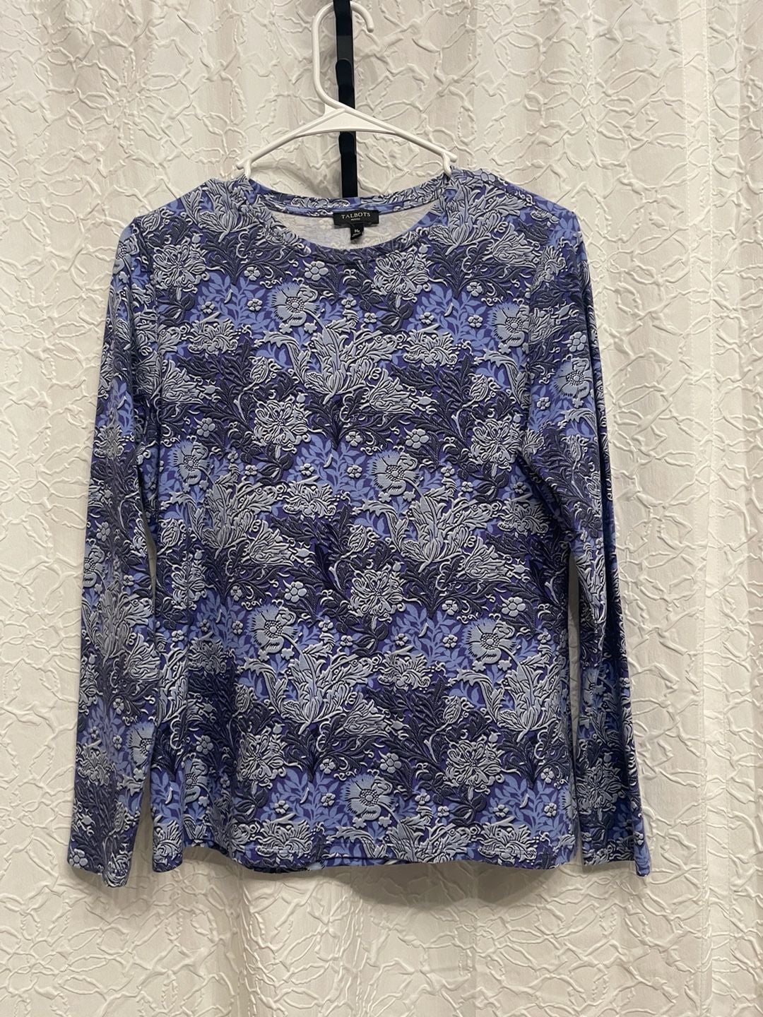 Talbots Petites Blue Purple Baroque Floral Print Crewneck Long Sleeve Top MP 2