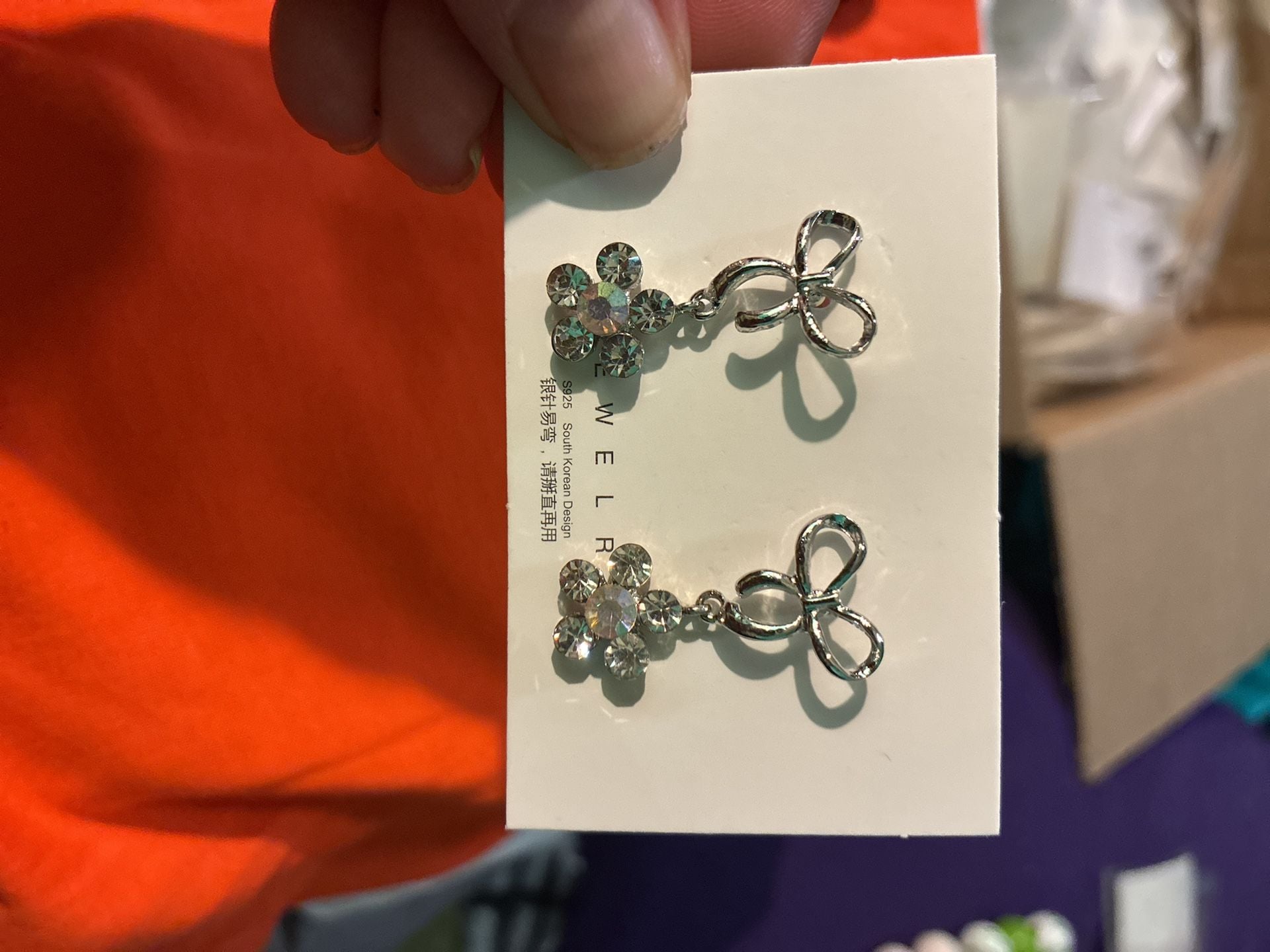 S925 South Korean Design Rhinestone Bow Flower Earrings 3