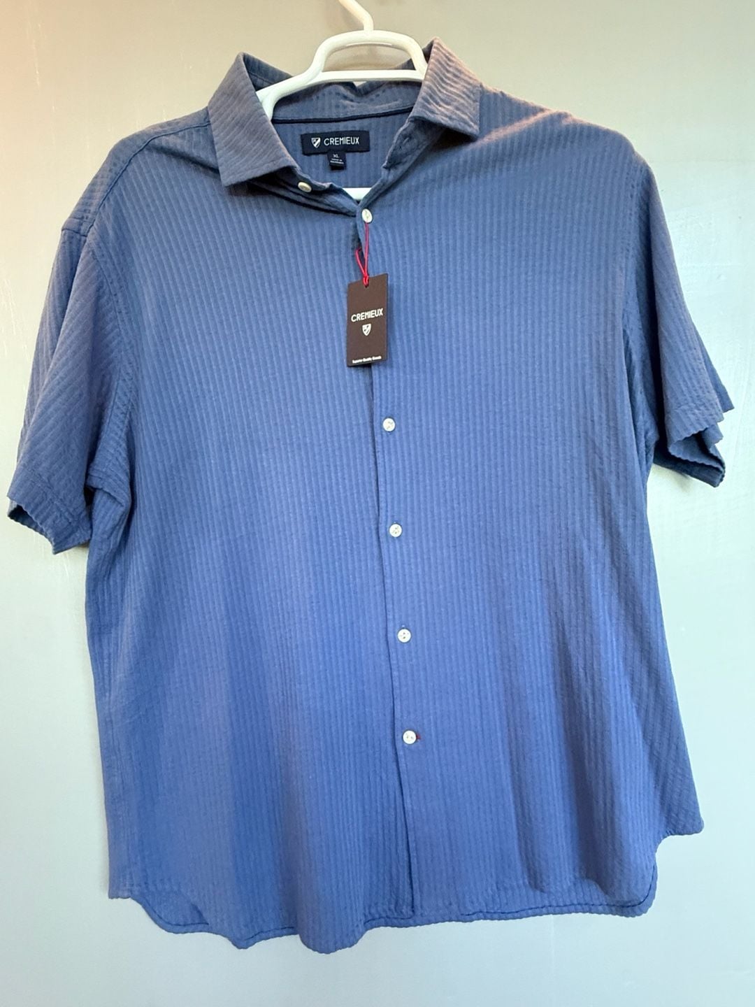 Cremieux Button-Up Shirt XL Blue Textured Short Sleeve Cotton Casual Top 2