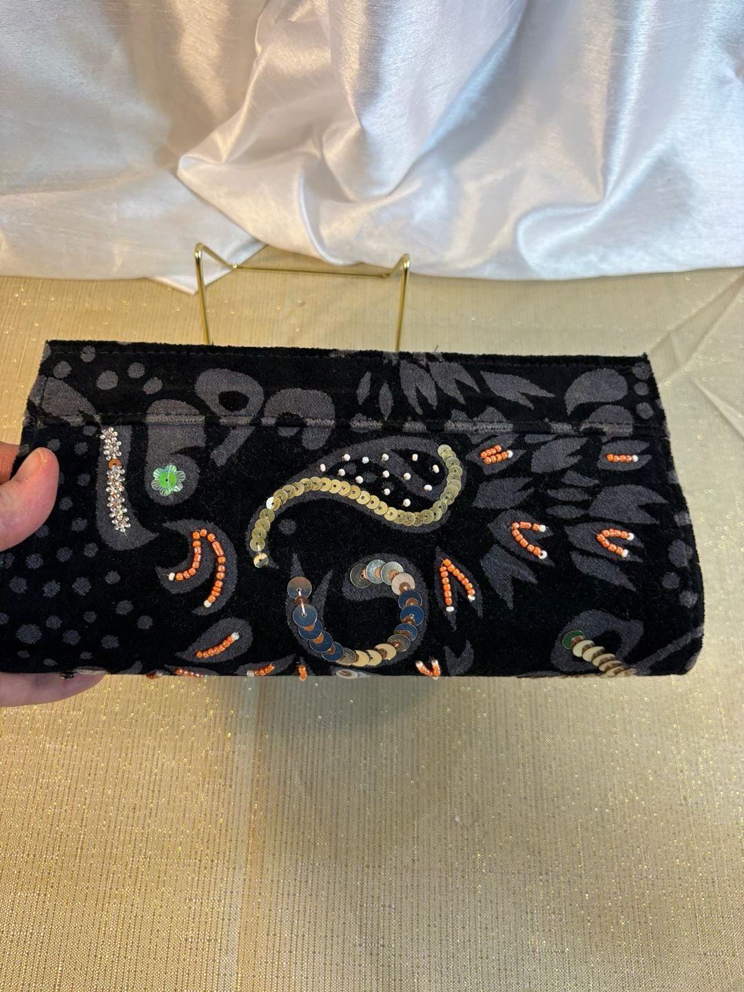 Tanjore Beaded Velvet Clutch Black Handbag 1