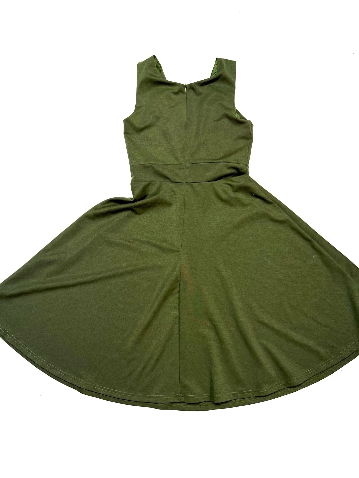 Grace Karin Women's Dress S Old Money Preppy Balletcore Quiet Luxury Retro Cottage-Glam 1950s Style Olive Green Army Green Sleeveless Surplice Faux Wrap V-Neck Fit and Flare Circle Skirt Swing Midi Gathered Shoulder Wide Waistband Back Zip Stretch Ponte K 9