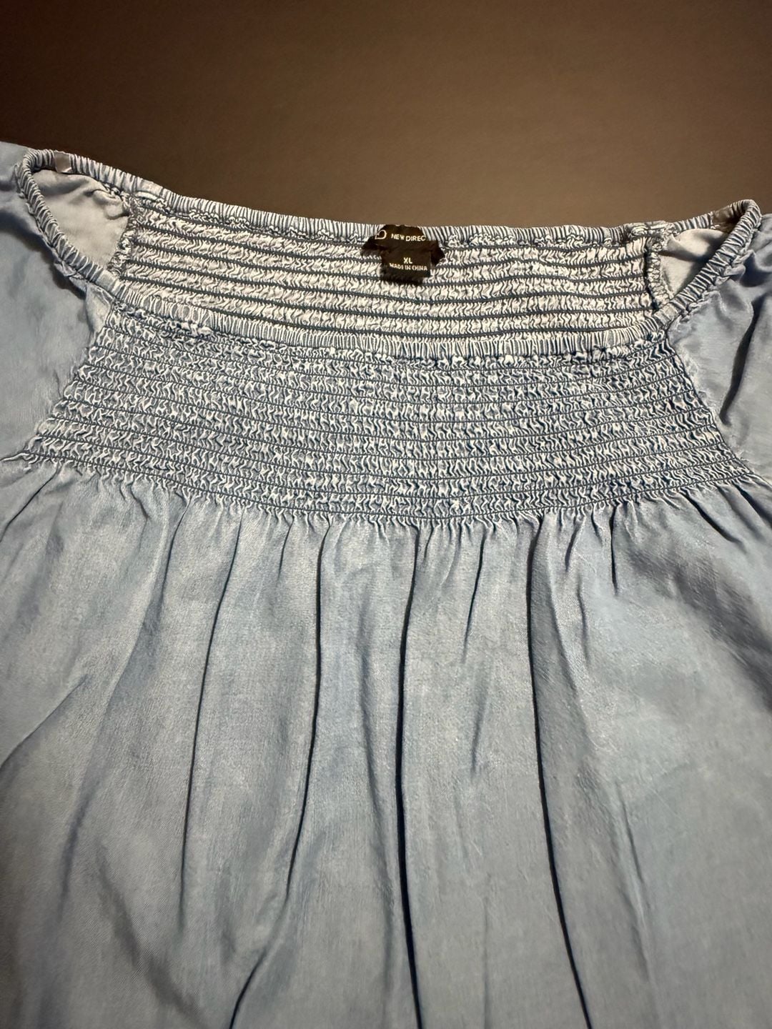 New Directions Smocked Denim Dress Size XL Light Blue Chambray Off Shoulder 5