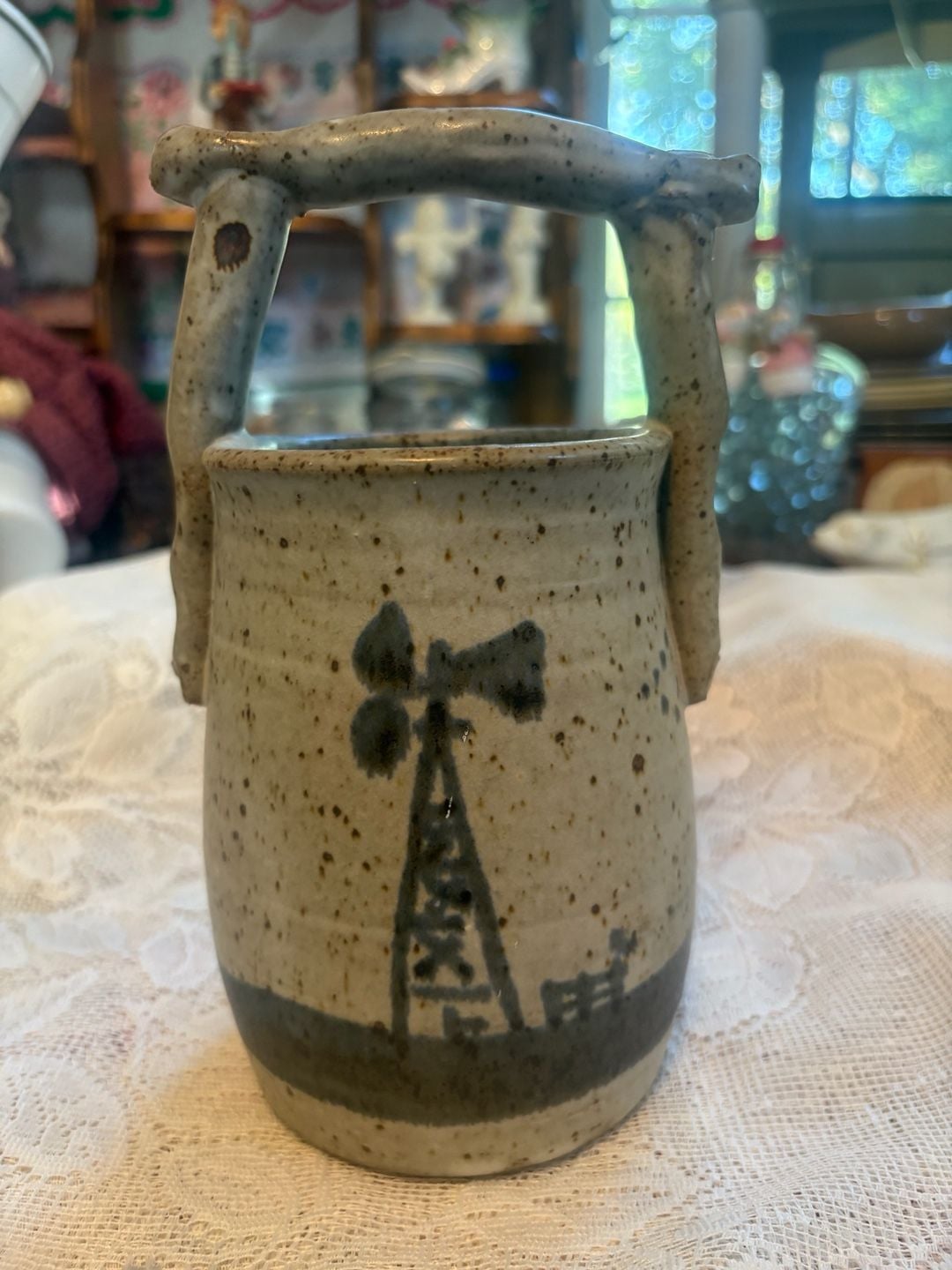 Tokheim Stoneware Windmill Utensil Crock Ceramic Pitcher 1