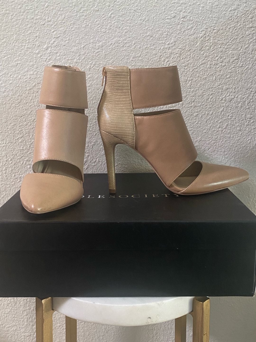 Sole Society Cutout Stiletto Booties Beige Snake Heels 2