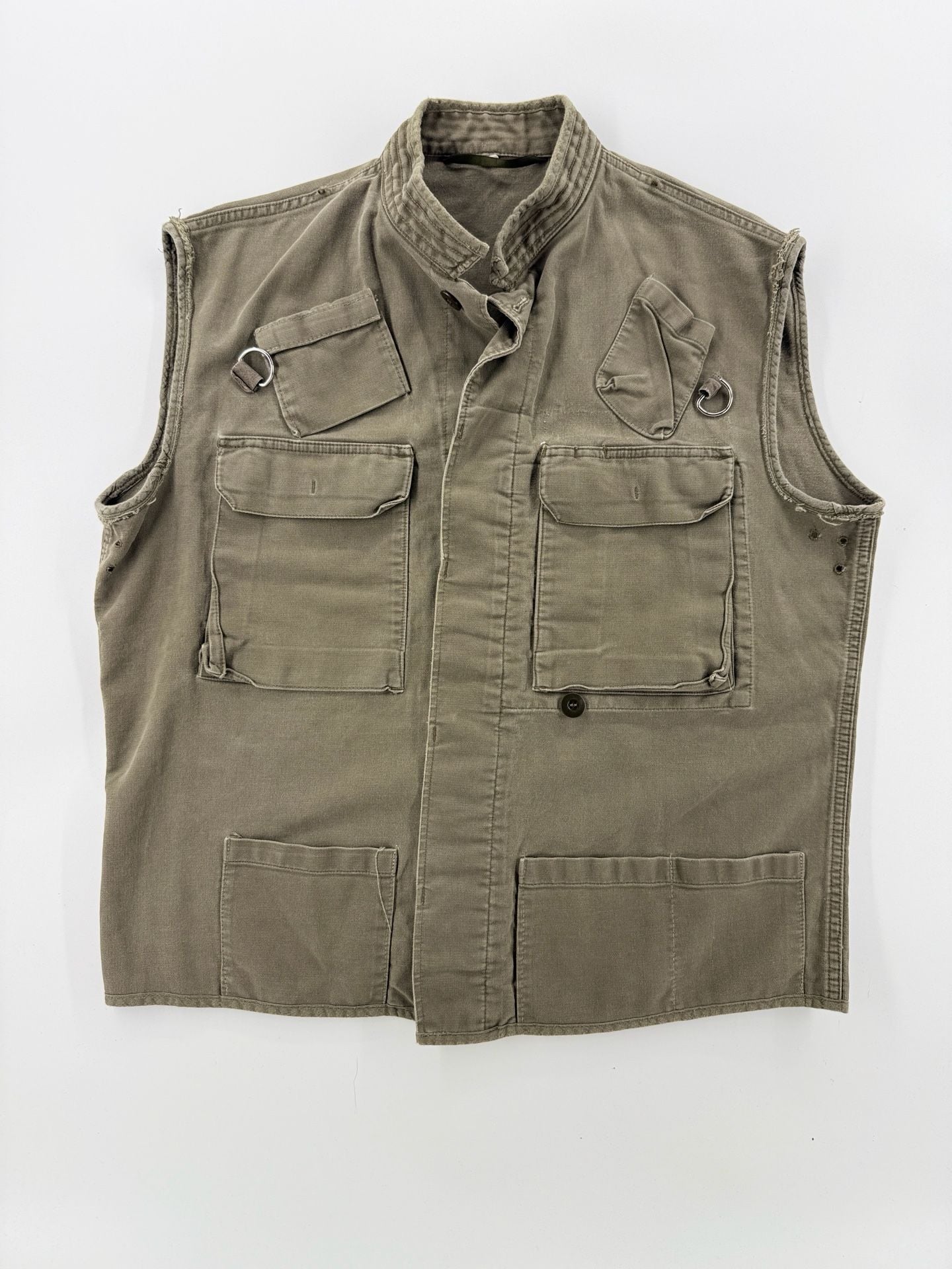 Vintage 90s Olive Military Utility Vest XL Multi Pocket D Ring Distressed 2