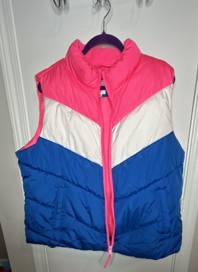 Gap Puffer Vest Size XXL Pink White Blue Colorblock Winter Outerwear 6