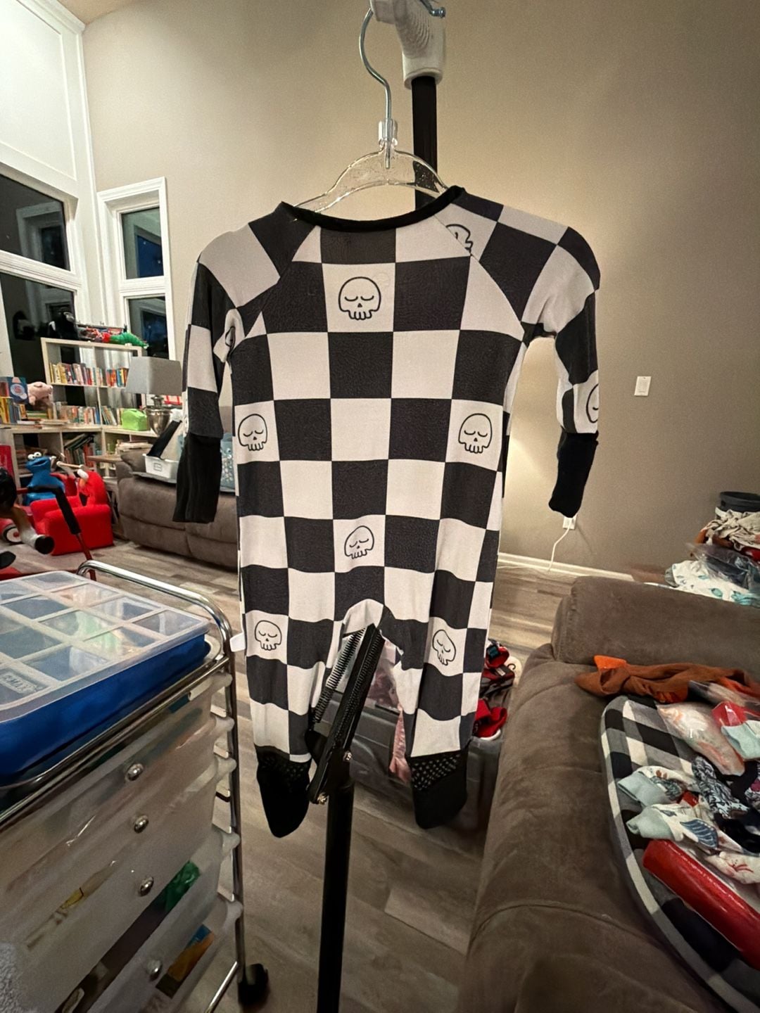Lazy Bones Footed Sleeper NB Black White Skull Checkered 4