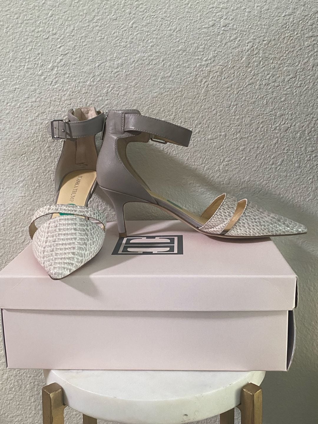 Ivanka Trump Pointed Toe Heels Grey Snakeskin Ankle Strap 2