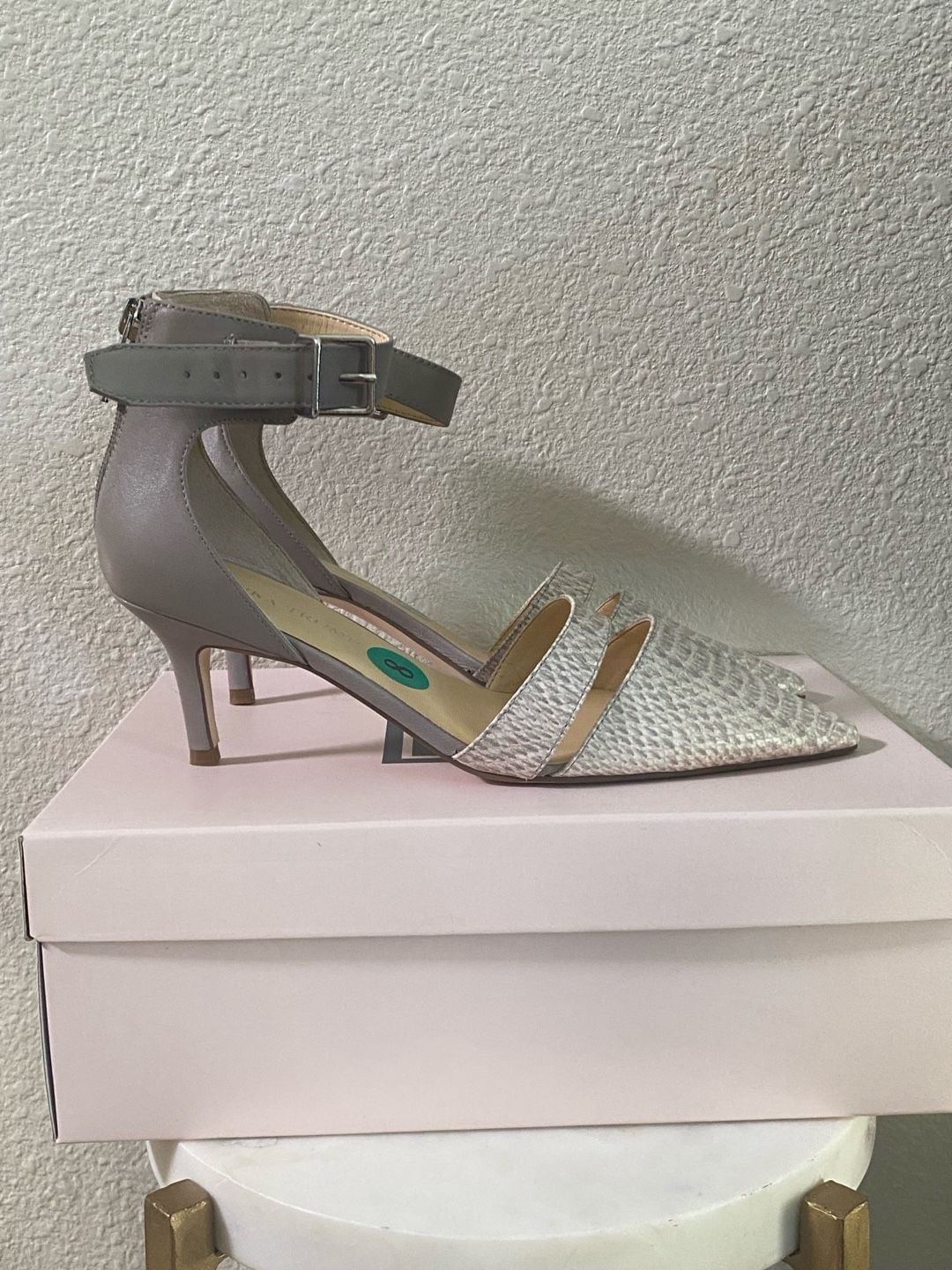 Ivanka Trump Pointed Toe Heels Grey Snakeskin Ankle Strap 4
