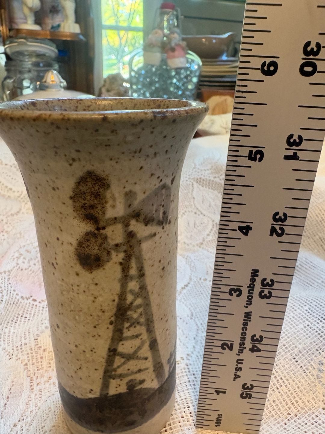 *chipped
Tokheim Stoneware Windmill Vase 1985 Speckled Pottery 2