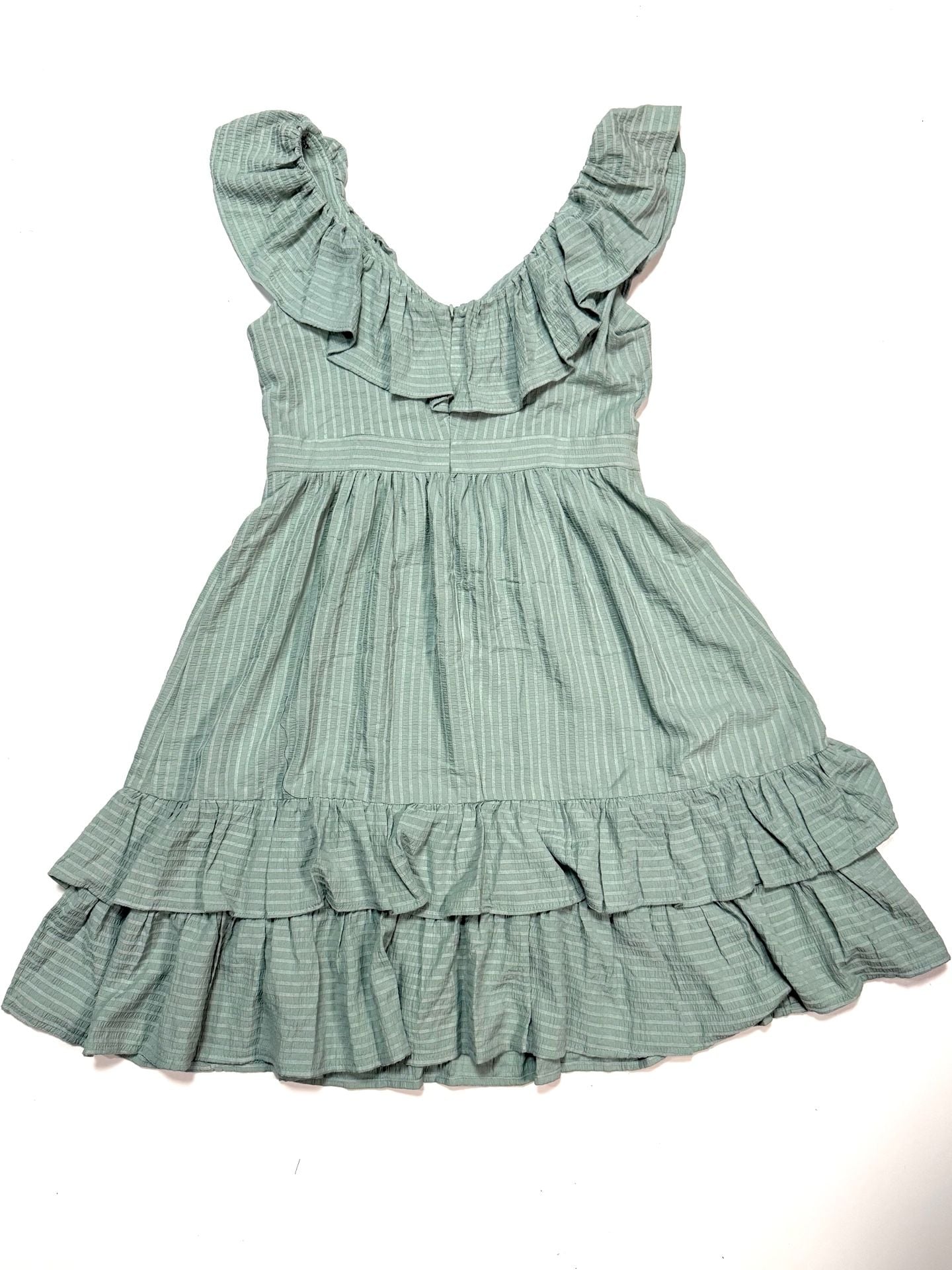 Calvin Klein Women's Dress 10 Cottagecore Coquette Cottage-Glam Old Money Preppy Whimsical Sage Green Seersucker Ruffle Neckline Tiered Hem Sleeveless Fit and Flare Mini Midi Textured Stripe Empire Waist Back Zip Rayon Blend Dry Clean 9